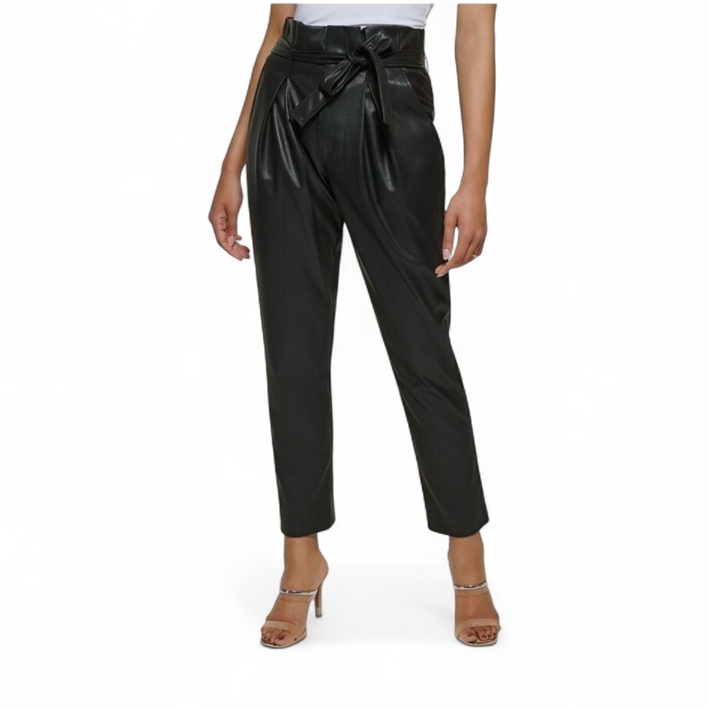 NWT DKNY Black Faux Leather High Waisted Tie Belt Tapered Ankle Pants Size 2 - Picture 1 of 11